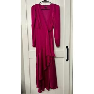 Express Satin Fuchsia pink ruffle long faux wrap split dress sz XXS